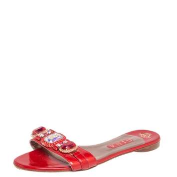 Pre Owned Gina Red Patent Leather Crystal Embellished Flat Slides Size 41