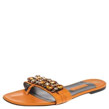 Pre Owned Gina Orange Leather Crystal Embellished Slip On Flat Slides Size 41.5