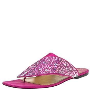 Pre Owned Gina Pink Satin Studded Flat Sandals Size 40.5