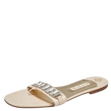 Pre Owned Gina Beige  Leather Crystal Embellished Slip On Flat Slides Size 41