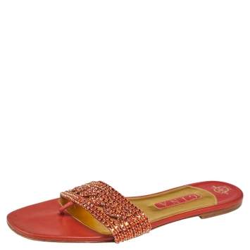 Pre Owned Gina Red Leather Crystal Embellished Slide Flats Size 41
