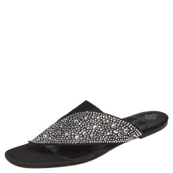 Pre Owned Gina Black Satin Studded  Flat Sandals Size 41.5