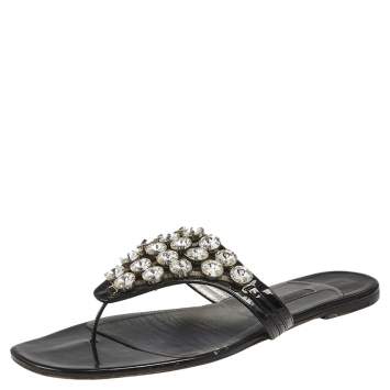 Pre Owned Gina Black Patent Leather Crystal Embellished Thong Flat Sandals Size 42