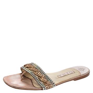 Pre Owned Gina Pink/Green Crystal Embellished Leather Athena Slide Flats Size 41