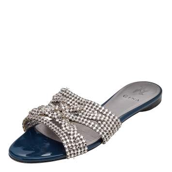 Pre Owned Gina Blue Leather Crystal Embellished Slide Sandals Size 41