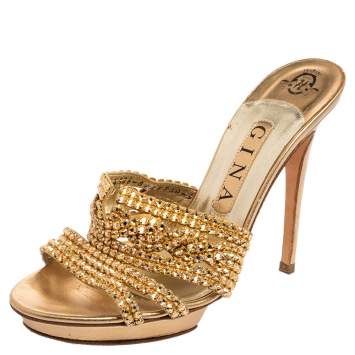 Pre Owned Gina Gold Leather Crystal Embellished Platform Slide Sandals Size 38