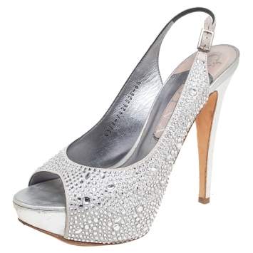 Pre Owned Gina Silver Satin Embellished Slingback Open Toe Platform Sandals Size 39.5