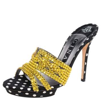 Pre Owned Gina Gold/Black Crystal Embellished Polka Dot Fabric Slide Sandals Size 39