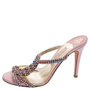 Pre Owned Gina Pink Leather Crystal Embellished Sandals Size 39 