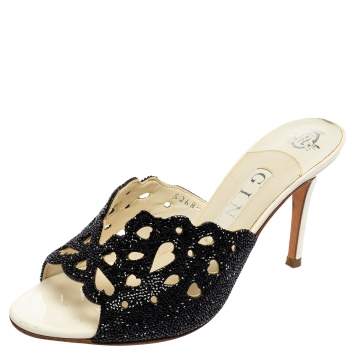 Pre Owned Gina Black/White Patent Leather Crystal Embellished Slide Sandals Size 38