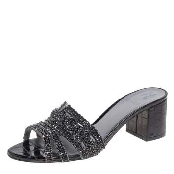 Pre Owned Gina Black Croc Embossed Leather Crystal Embellished  Loren Slide Sandals Size 39.5