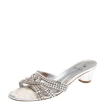 Pre Owned Gina Silver Leather Crystal Embellished  Loren Slide Sandals Size 38.5