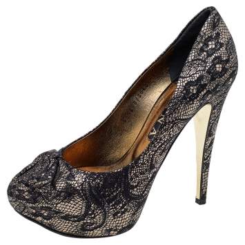 Pre Owned Gina Black/Gold Lace and Leather Platform Pumps Size 40