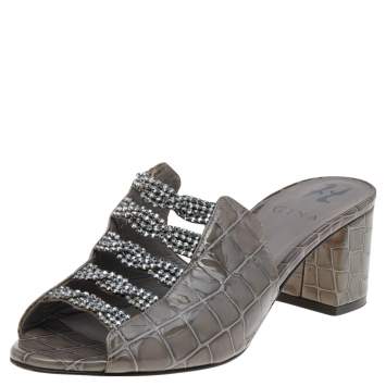 Pre Owned Gina Grey Croc Embossed Patent Leather Crystal Block Heel Sandals Size 38.5