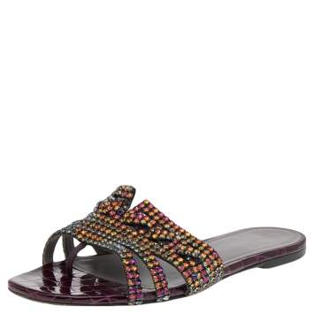 Pre Owned Gina Burgundy Crystal Embellished Croc Embossed Patent Leather Slide Flats Size 40