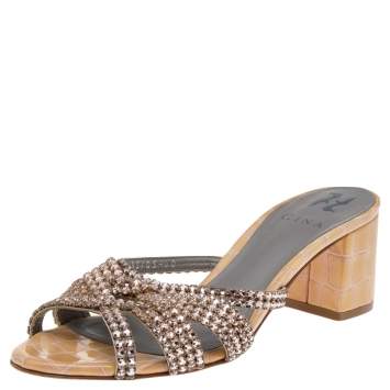 Pre Owned Gina Beige Croc Embossed Patent Leather Dexie Block Heel Slide Sandals Size 40