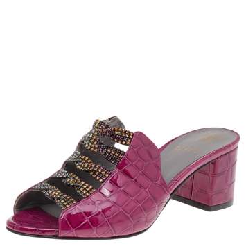 Pre Owned Gina Pink Croc Embossed Patent Leather Embellished Rodeo Block Heel Slides Size 38.5