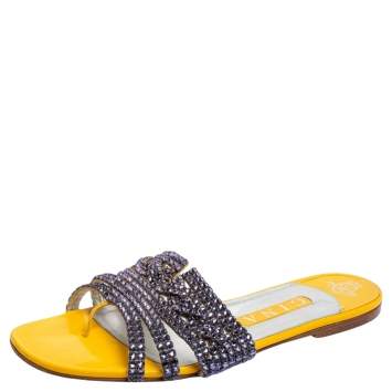 Pre Owned Gina Purple/Yellow Leather Loren Crystal Embellished Flat Slides Size 39