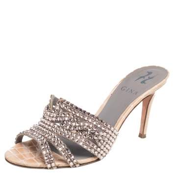 Pre Owned   Gina Rose Gold Croc Embossed Leather Crystal Embellished Slide Sandals Size 37