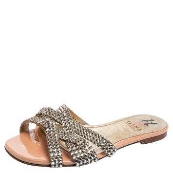 Pre Owned Gina Beige Leather Crystal Embellished Slide Sandals Size 38