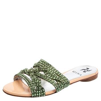 Pre Owned Gina Green Crystal Embellished Leather Loren Flat Sandals Size 37.5