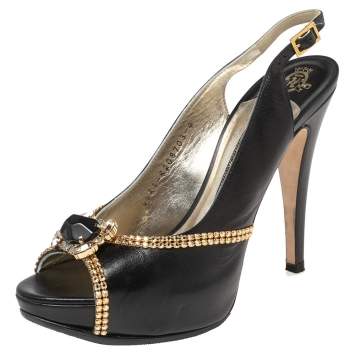 Pre Owned Gina Black Leather Embellished Peep Toe Platform Slingback Sandals Size 37