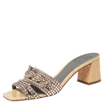 Pre Owned Gina Beige Crystals Embellished Leather Loren Slide Sandals Size 38