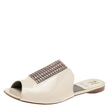 Pre Owned Gina Cream Patent Leather Crystal Embellished Slide Sandals Size 39