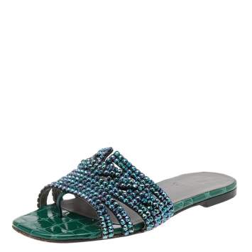 Pre Owned Gina Green Leather Crystal Embellished Flat Slide Sandals Size 36.5