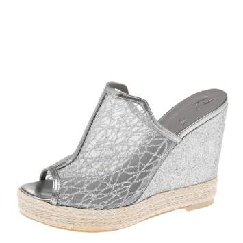 Pre Owned Gina Silver Glitter Mesh Wedge Espadrille Platform Sandals Size 38 