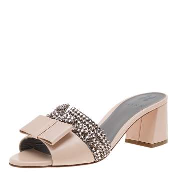 Pre Owned Gina Beige Leather And Crystal Embellished Bow Slide Sandals Size 40.5