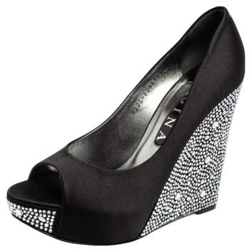Pre Owned Gina Black Satin Crystal Embellished Belle Open Toe Wedge Pumps Size 39