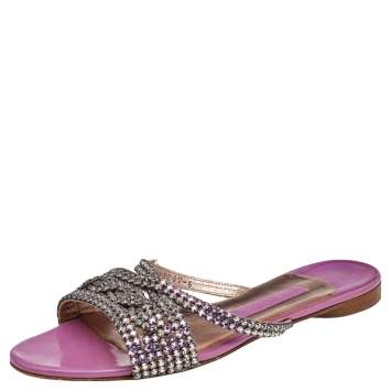 Pre Owned Gina Purple Leather Crystal Embellished Slide Sandals Size 39