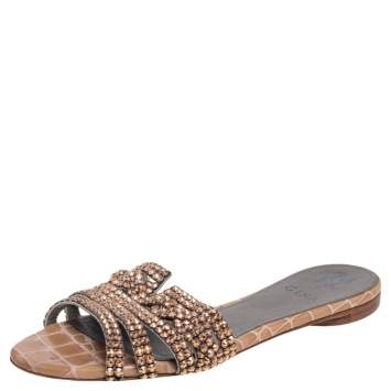 Pre Owned Gina Beige Crystal Embellished Leather Loren Flat Slides Size 38
