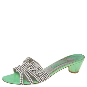 Pre Owned Gina Green Leather Crystal Embellished Slide Block Heel Sandals Size 41.5