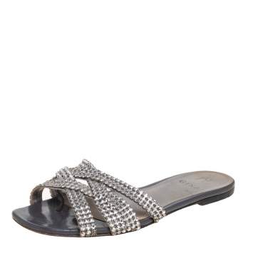 Pre Owned Gina Silver Crystal Embellished Leather Flat Slides Size 39.5
