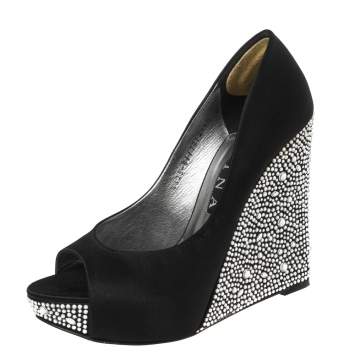Pre Owned Gina Black Satin Belle Crystal Embellished Wedge Peep Toe Platform Pumps Size 39.5