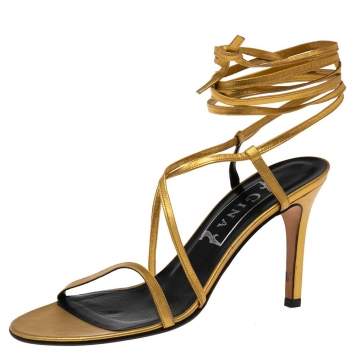 Pre Owned Gina Gold Leather Ankle Wrap Sandals Size 38