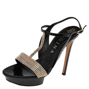 Pre Owned Gina Black Patent Leather Crystal Embellished T-Strap Sandals Size 39.5