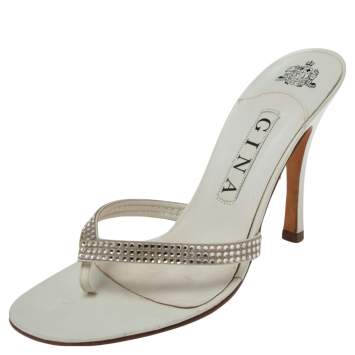 Pre Owned Gina White  Crystal Embellished Leather  Slide Sandals Size 38.5