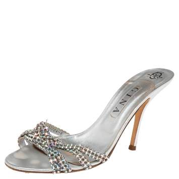 Pre Owned Gina Silver Leather Crystal Embellished Slide Sandals Size 41