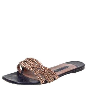 Pre Owned Gina  Black/Purple Leather Crystal Embellished Flat Sandals Size 38.5