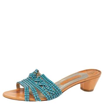 Pre Owned Gina Brown Leather Embellished Loren Slide Sandals Size 39