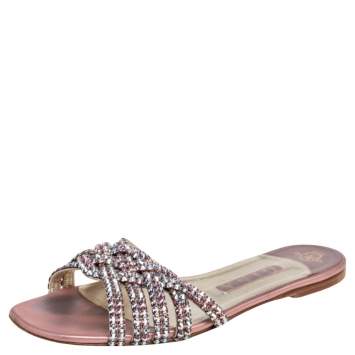 Pre Owned Gina Pink Crystal Embellished Leather Flat Slides Size 39