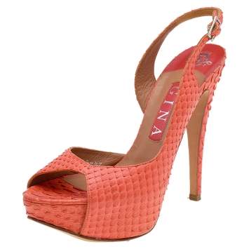 Pre Owned Gina Orange Python Leather Ankle Strap Sandals Size 37.5