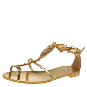 Pre Owned Gina Gold Leather Crystal Embellished Thong Flats Size 38