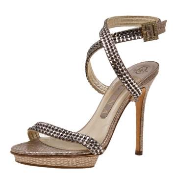 Pre Owned Gina Gold Leather Crystal Embellished Cross Ankle Strap Sandals Size 38