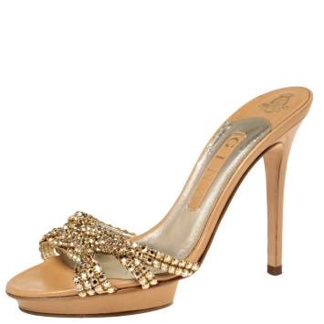 Pre Owned Gina Mid Tan Crystal Embellished Leather Platform Slide Sandals Size 37