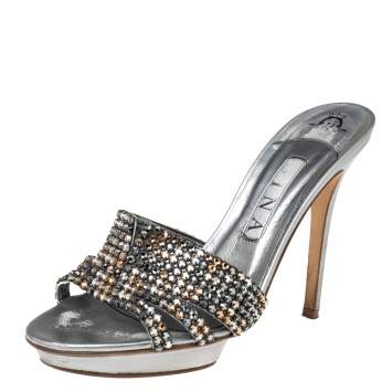 Pre Owned Gina Metallic Grey Leather Crystal Embellished Platform Slide Sandals Size 39