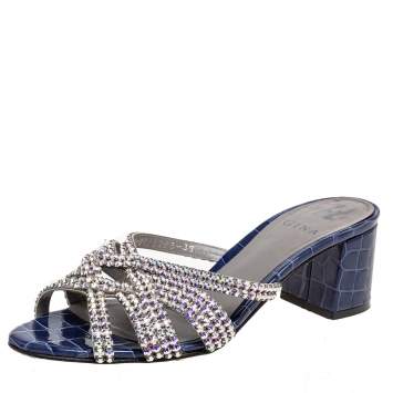 Pre Owned Gina Navy Blue Crystal Embellished Croc Embossed Patent Leather Slide Sandals Size 39